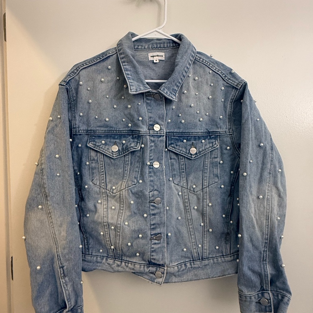 superdown Light Blue Pearl-Studded Denim Jacket